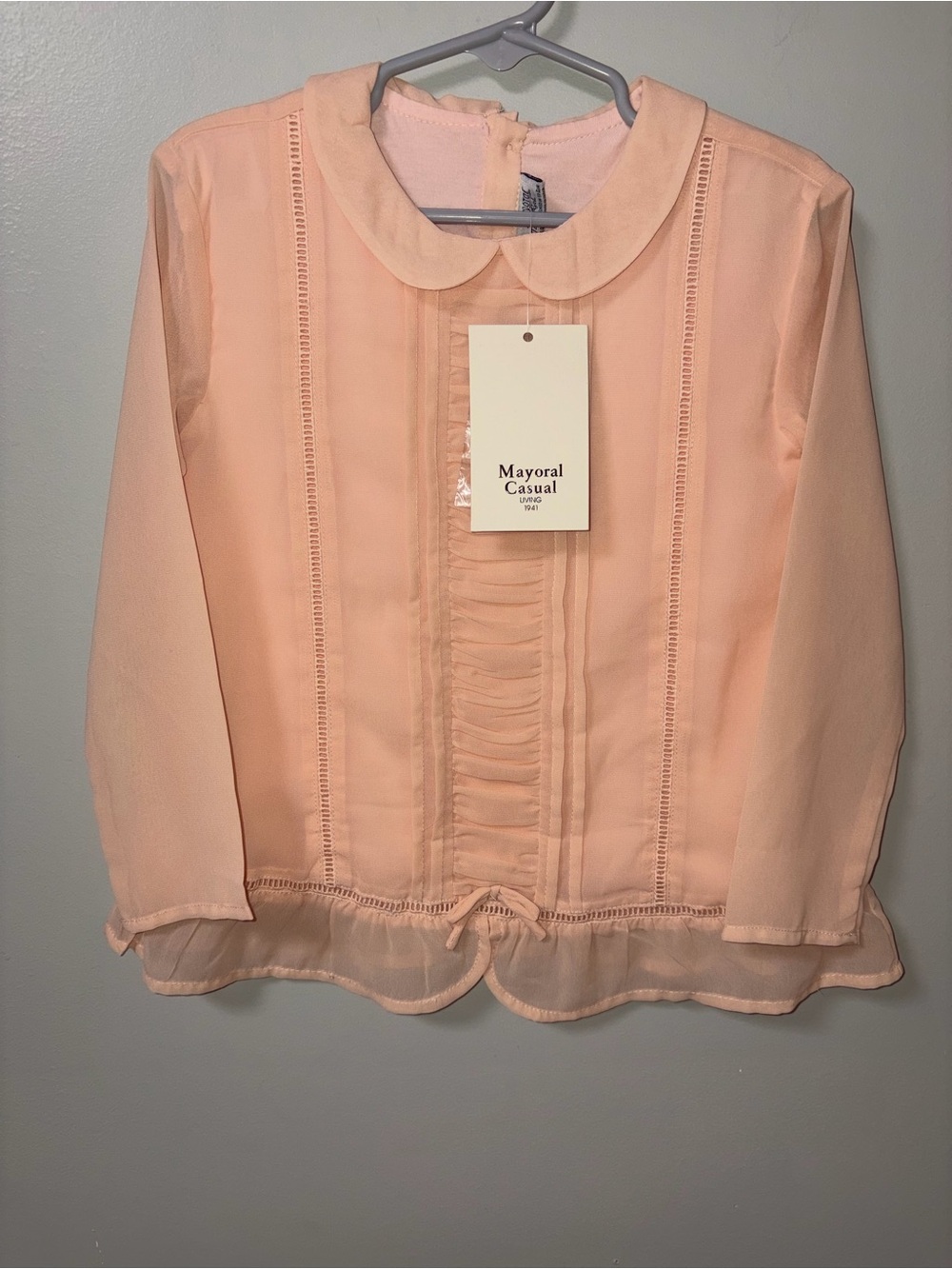 Mayoral 4158 Nude Pink Peach Peter Pan Collar Ruffles Chiffon Lined Top 4 NWT